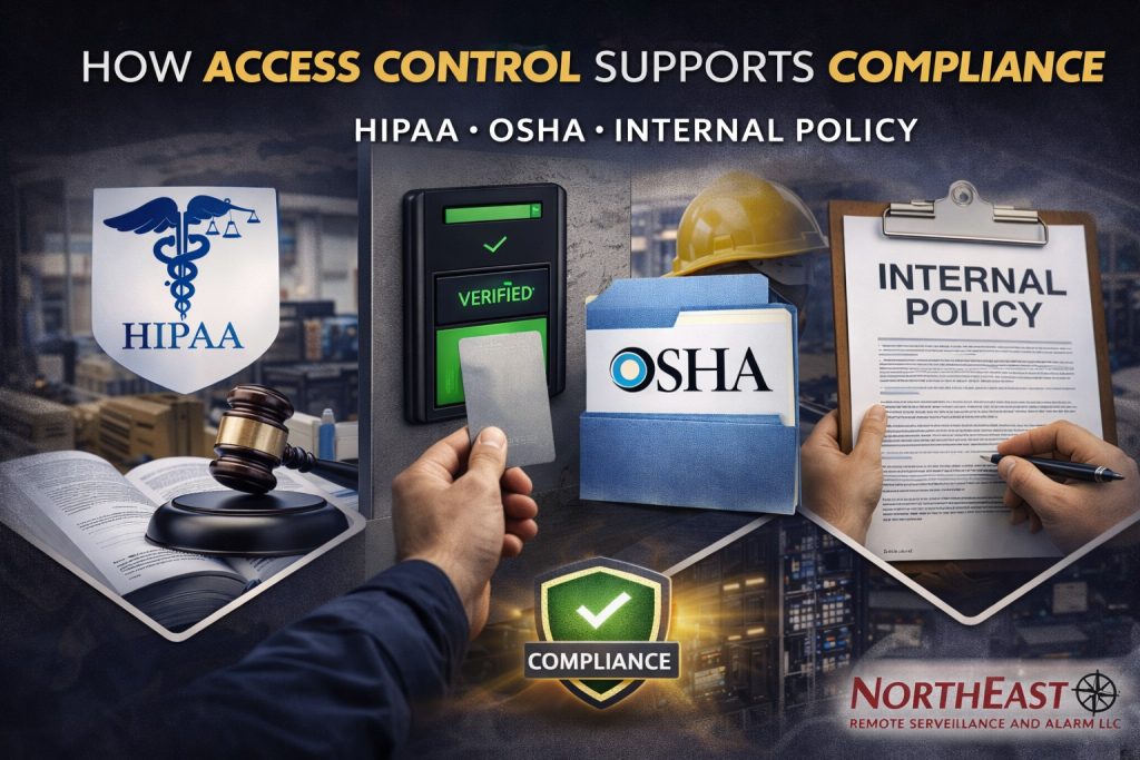 Branded compliance graphic showing access control supporting HIPAA, OSHA, and internal policy requirements with a verified card reader, compliance shield, healthcare and workplace safety references, and Northeast Remote Surveillance and Alarm LLC branding.