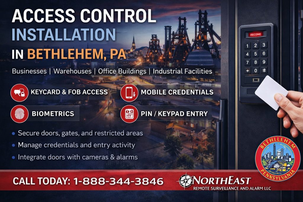 Access control installation graphic for Bethlehem, PA featuring Bethlehem Steel skyline, commercial keypad entry, keycard access, biometrics, mobile credentials, and PIN keypad entry