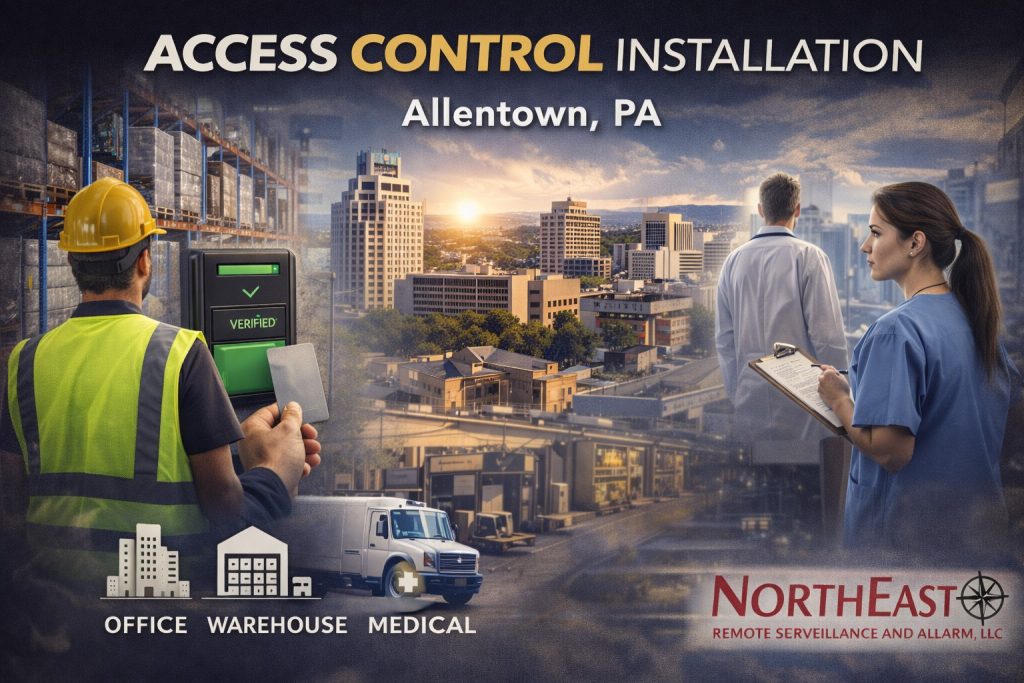Branded access control installation graphic for Allentown, Pennsylvania showing office, warehouse, and medical environments with a card reader, Allentown skyline, warehouse worker, healthcare staff, and Northeast Remote Surveillance and Alarm, LLC branding.