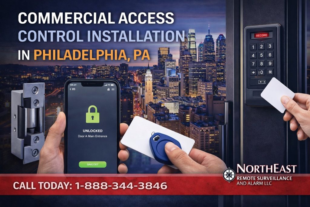 Commercial access control installation graphic in Philadelphia, PA showing skyline backdrop, keycard entry, keypad access, mobile credential access, RFID fob, and electric door hardware