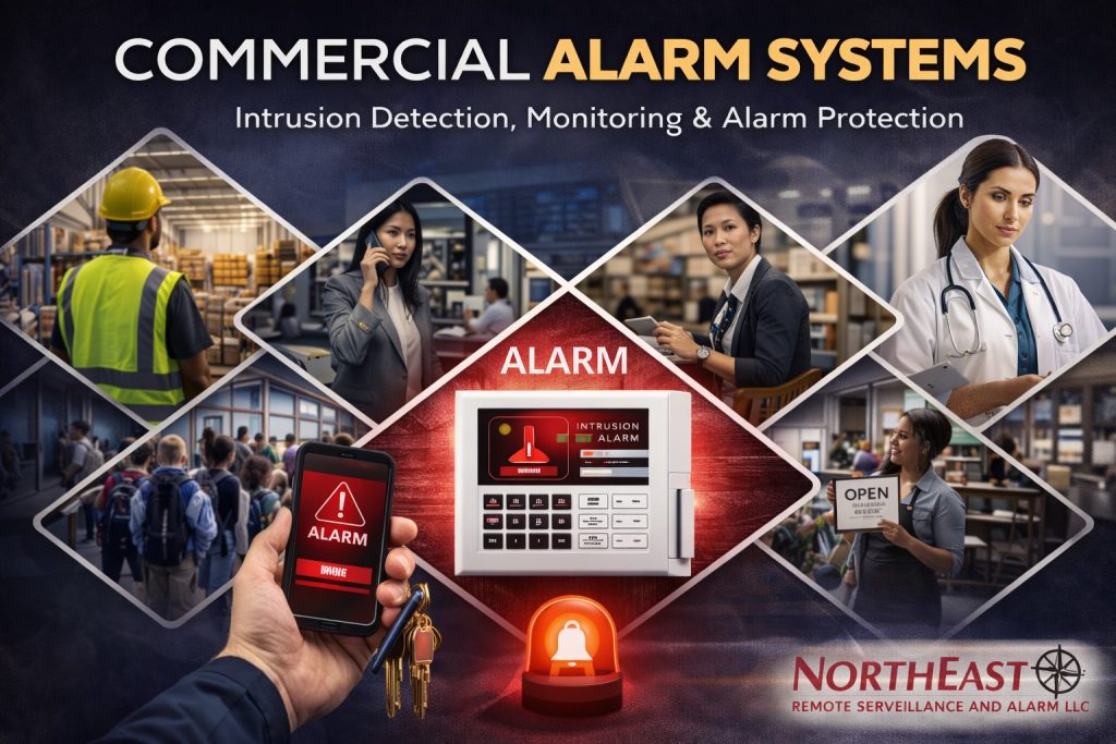 Branded commercial alarm systems graphic showing intrusion detection and monitored alarm protection for warehouses, offices, healthcare, schools, retail, and other commercial properties, with alarm panel, mobile alert, warning light, and Northeast Remote Surveillance and Alarm LLC branding.