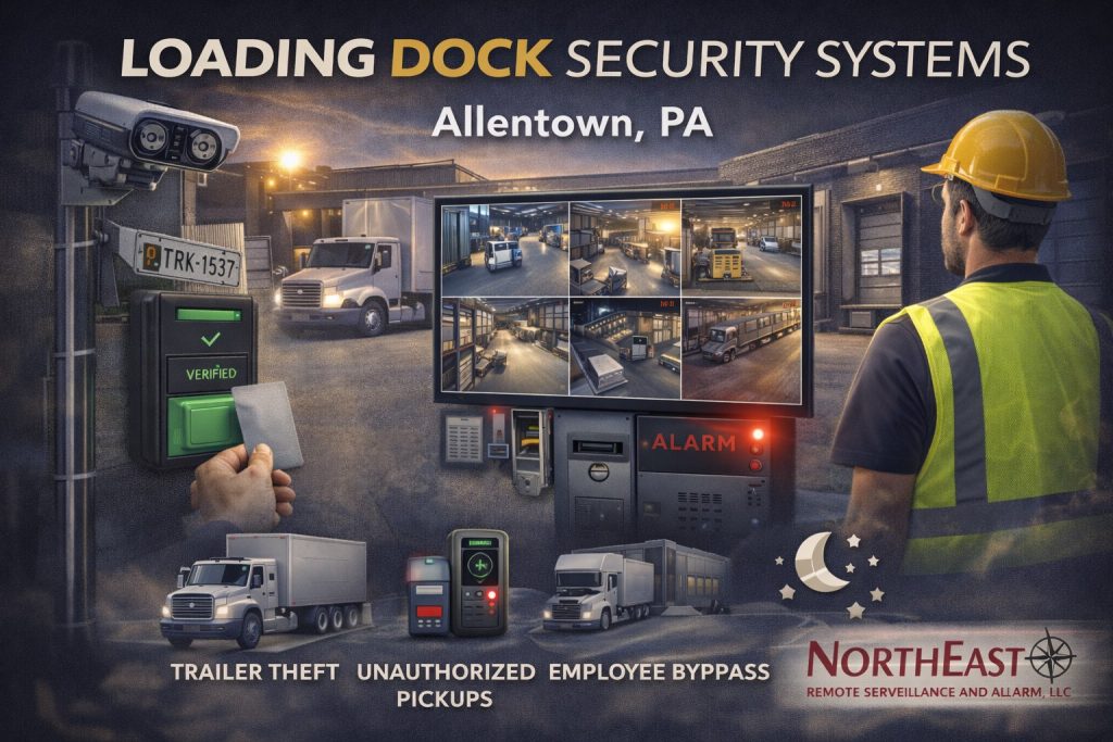Branded loading dock security systems graphic for Allentown, Pennsylvania showing dock surveillance, access control reader, alarm panel, truck and trailer activity, and warehouse security monitoring for loading dock protection.