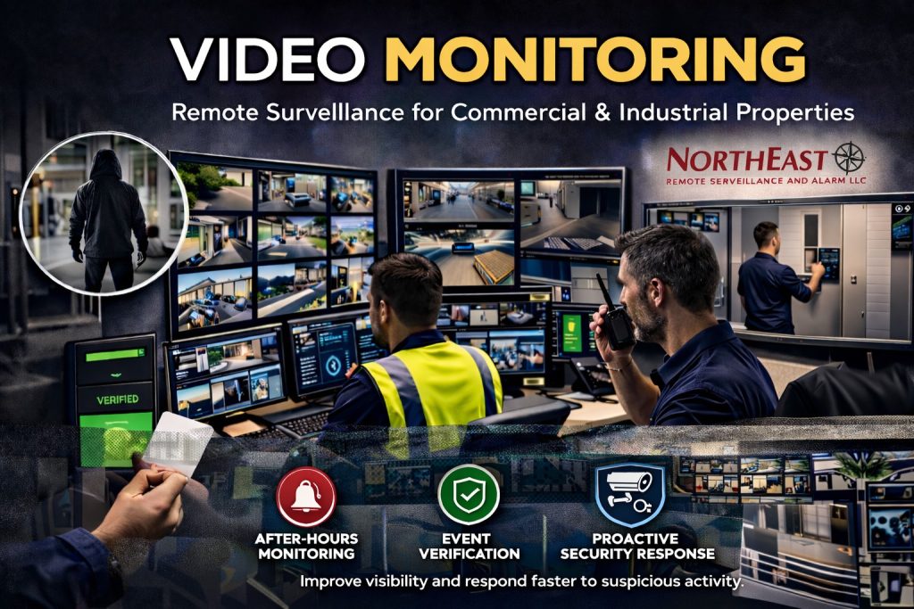 Branded video monitoring graphic showing security operators reviewing live surveillance feeds, after-hours monitoring, event verification, proactive security response, Northeast Remote Surveillance and Alarm LLC logo, and remote video monitoring for commercial and industrial properties.