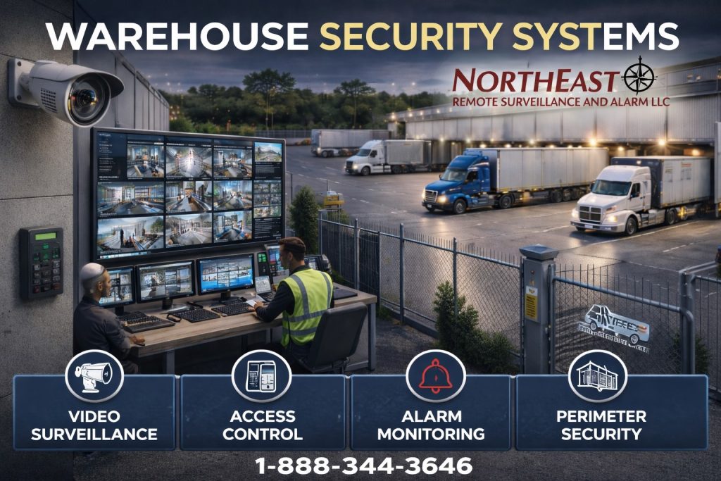 Branded warehouse security systems graphic showing loading docks, truck lot, video surveillance, access control, alarm monitoring, perimeter security, and Northeast Remote Surveillance and Alarm LLC logo.